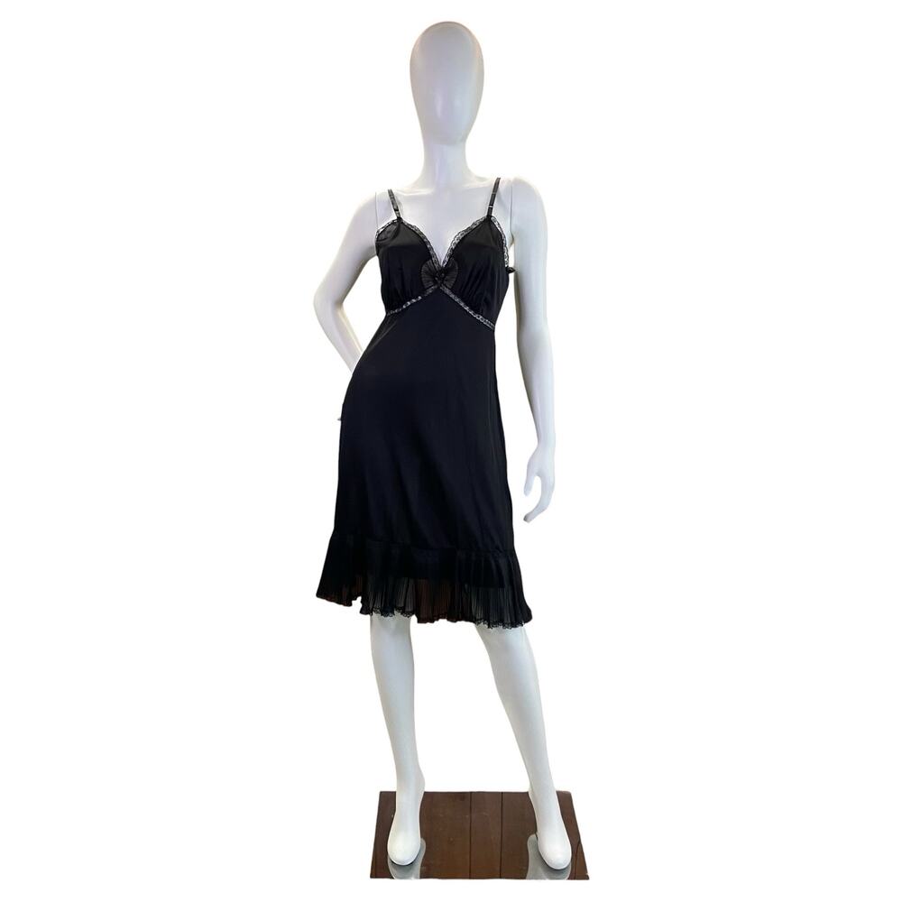 1970s Vintage Black Lace Pleated Slip Dress